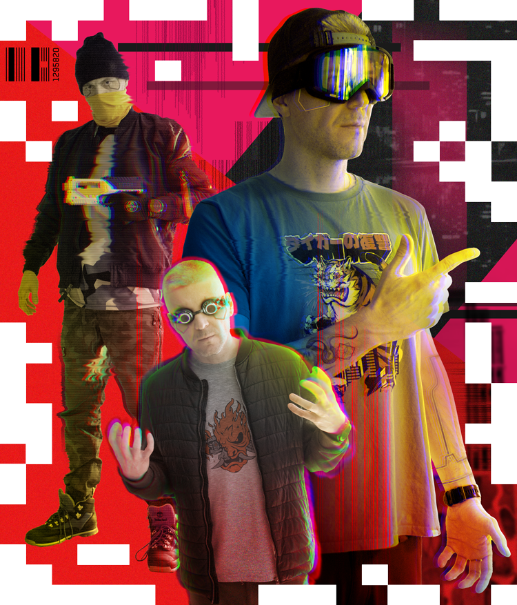 Cyberpunk/glitch-style collage featuring three versions of Kacper Tomaszewski on a red-pink pixelated background; a figure in VR/AR-style goggles points to the side.